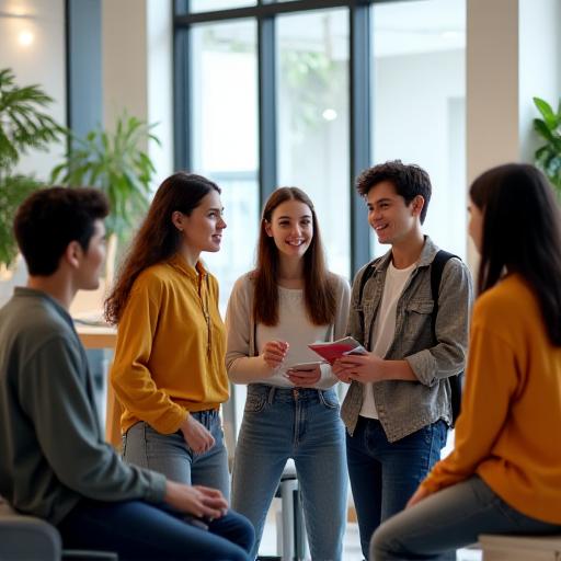 Students of diverse nationalities chatting in a bright, modern school lounge.